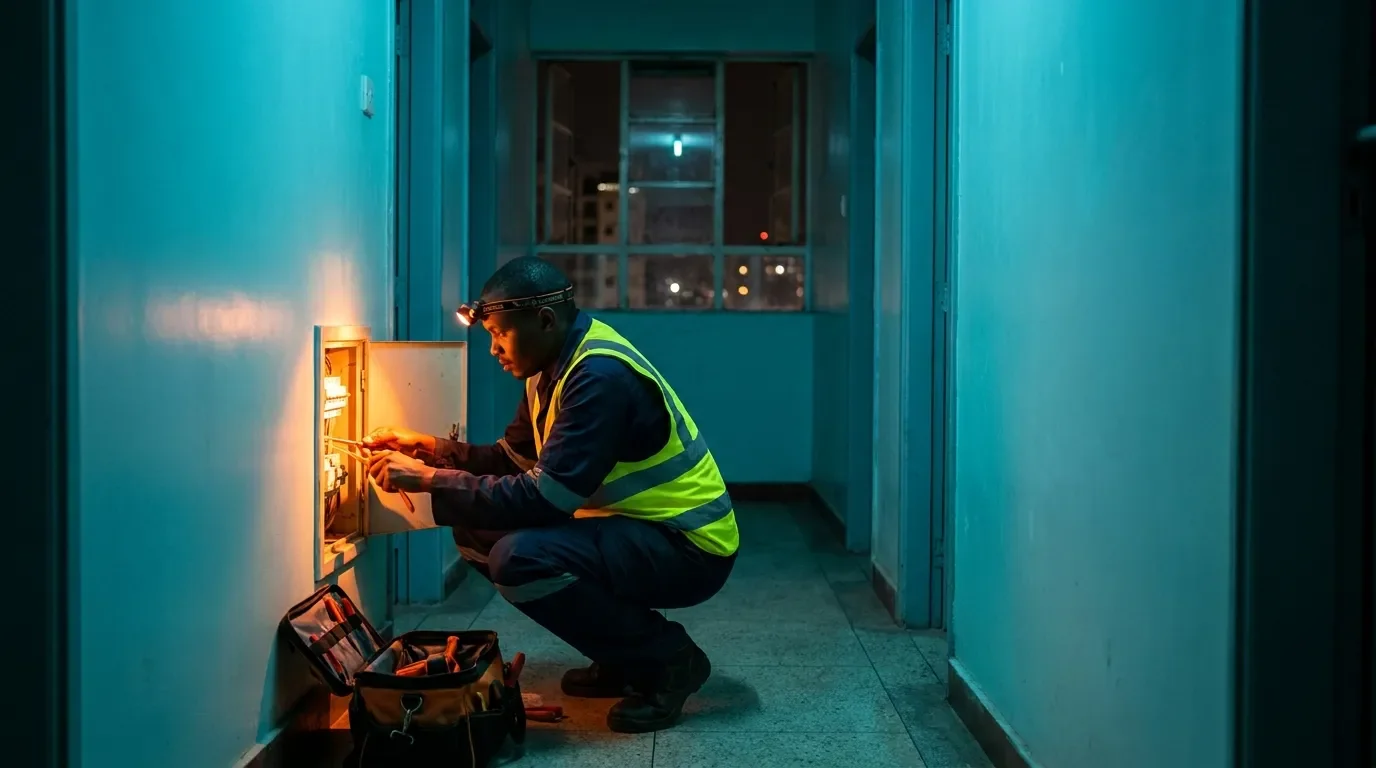 Kenyan fundi performing an urgent electrical repair at night in a Nairobi apartment corridor