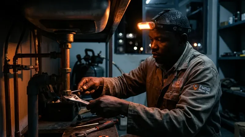 Skilled fundi repairing a sink with tools in a low-light documentary setting