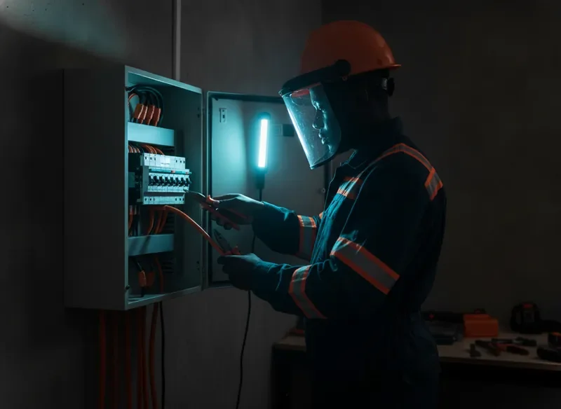 Professional electrician working on electrical panel with safety gear