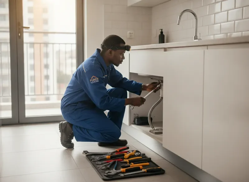 Professional plumber repairing a kitchen sink in a Kenyan home